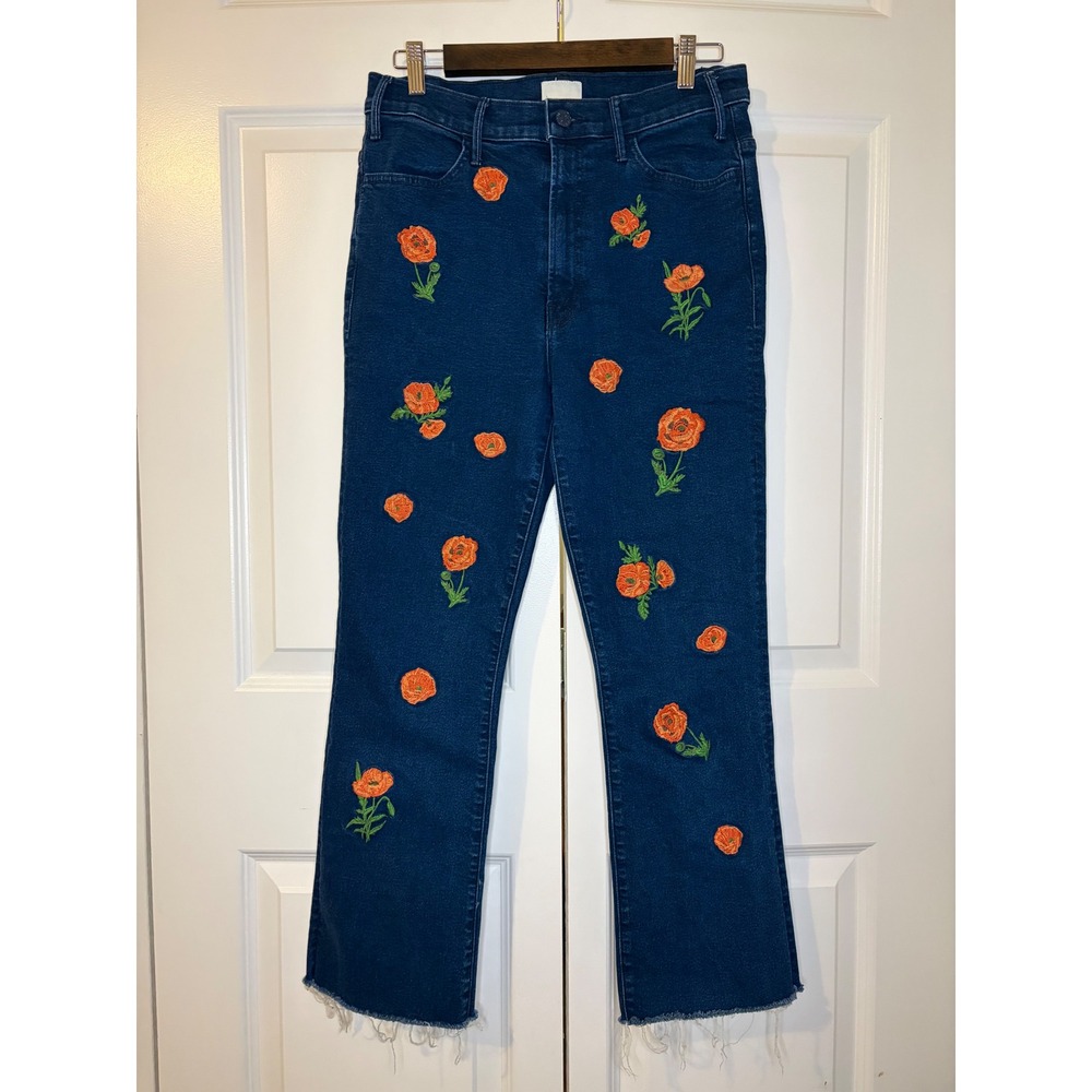 Mother The Hustler Ankle Fray A Field Of Poppies Embroidered Jeans Blue Sz 31